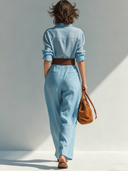 Women's Solid-Color Collared Long-Sleeve Jumpsuit (Belt Not Included) ZMZ2878D9XT