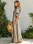 Women's Vacation-Style Striped Print V-Neck Short-Sleeve Maxi Dress ZMZ2828D8XT