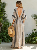 Women's Vacation-Style Striped Print V-Neck Short-Sleeve Maxi Dress ZMZ2828D8XT