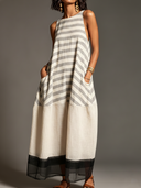 Women's Casual Linen-Blend Color Block Striped Sleeveless Maxi Dress With Pockets ZMZ3028D7YZH