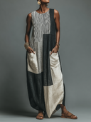 Women's Resort Casual Style Linen-Blend Patchwork Sleeveless Maxi Dress With Pockets ZMZ3047D8YZH