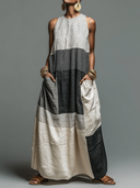 Women's Linen-Blend Color Block Striped Sleeveless Maxi Dress With Pockets ZMZ3041D9YZH