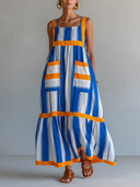 Women's Vacation Style Linen-Blend Striped Tiered Maxi Dress With Contrast Orange Trim ZMZ3009D5YZH