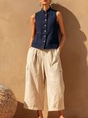 Women's Linen-Blend Stand Collar Vest & Cargo Culottes Two-Piece Set ZMZ3064D9YZH