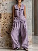 Women's Minimalist Casual Style Linen-Blend Contrast Trim Vest & Wide-Leg Pants Two-Piece Set ZMZ3031D0YZH