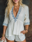 Women's Boho Casual Style Clean Fit Linen-Blend Embroidered V-Neck Blouse ZMZ3065D9YZH
