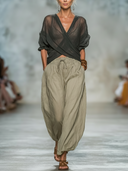 Women's Casual Elegent Style Sheer Wrap Blouse & Linen Harem Pants Two-Piece Set ZMZ3020D9YZH