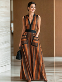 Women's Classic V-Neck Color-Block Striped Sleeveless Maxi Dress ZMZ3038D8U
