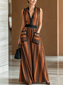 Women's Classic V-Neck Color-Block Striped Sleeveless Maxi Dress ZMZ3038D8U