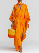 Women's Casual Retro With Dropped Shoulders And Loose Fit V-Neck Satin Maxi Dress ZMZ3009D0ZYY