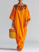 Women's Casual Vacation-Style — Boat Neck With Embroidery, Cotton-Linen Blend, Drop Shoulders, And Loose Fit Maxi Dress  ZMZ3042D7ZYY