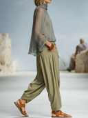 Women's Neutral Linen-Blend Sheer Turtleneck Blouse & Draped Wide-Leg Pants Two-Piece Set ZMZ2802D1YZH