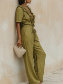 Women's Vacation Style Linen-Blend Ruffled V-Neck Smocked Waist Wide-Leg Jumpsuit ZMZ2960D6YZH