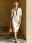 Women's Classic & Elegant Acetate Satin Midi Dress — Mid-Sleeve, Zip-Up Stand Collar ZMZ3015D2U