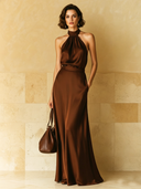 Women's Classic & Elegant Brown Acetate Satin Sleeveless Top And Skirt Set ZMZ3063D4U
