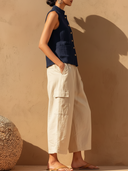 Women's Linen-Blend Stand Collar Vest & Cargo Culottes Two-Piece Set ZMZ3064D9YZH