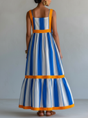 Women's Vacation Style Linen-Blend Striped Tiered Maxi Dress With Contrast Orange Trim ZMZ3009D5YZH