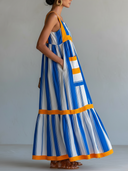 Women's Vacation Style Linen-Blend Striped Tiered Maxi Dress With Contrast Orange Trim ZMZ3009D5YZH