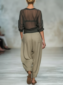 Women's Casual Elegent Style Sheer Wrap Blouse & Linen Harem Pants Two-Piece Set ZMZ3020D9YZH