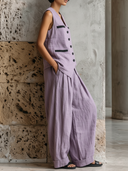 Women's Minimalist Casual Style Linen-Blend Contrast Trim Vest & Wide-Leg Pants Two-Piece Set ZMZ3031D0YZH