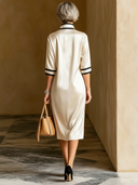 Women's Classic & Elegant Acetate Satin Midi Dress — Mid-Sleeve, Zip-Up Stand Collar ZMZ3015D2U