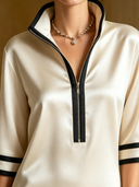 Women's Classic & Elegant Acetate Satin Midi Dress — Mid-Sleeve, Zip-Up Stand Collar ZMZ3015D2U
