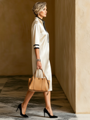 Women's Classic & Elegant Acetate Satin Midi Dress — Mid-Sleeve, Zip-Up Stand Collar ZMZ3015D2U