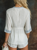 Women's Boho Casual Style Clean Fit Linen-Blend Embroidered V-Neck Blouse ZMZ3065D9YZH