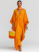 Women's Casual Retro With Dropped Shoulders And Loose Fit V-Neck Satin Maxi Dress ZMZ3009D0ZYY