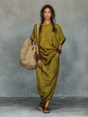 Women's Vintage Cotton-Linen Round-Neck Short-Sleeve Maxi Dress ZMZ0279E8XT