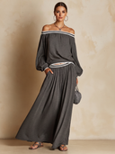 Women's Casual Grey Long-Sleeve Top And Skirt Set With Clear Straps ZMZ0696E8U