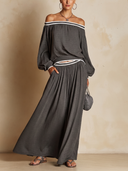 Women's Casual Grey Long-Sleeve Top And Skirt Set With Clear Straps ZMZ0696E8U