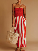 Women's Casual Style Cotton-Blend Smocked Stripe Strapless Midi Dress With Detachable Clear Straps ZMZ0663E1YZH