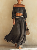 Women's Date Outfit: Grey Off-the-Shoulder Cropped Top And Skirt Set ZMZ0639E1U