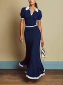 Women's Casual-Sporty Navy Set: Stretch Top And Back-Slit Fishtail Skirt ZMZ0651E9U