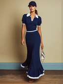Women's Casual-Sporty Navy Set: Stretch Top And Back-Slit Fishtail Skirt ZMZ0651E9U
