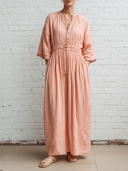 Women's Casual Resort Style Neck Tie Pink Cotton-Linen Short-Sleeve Maxi Dress ZMZ0656E8ZYY