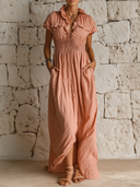 Women's French-Style Elegant V-Neck Cotton-Linen — Short Sleeve, Ruffled Trim, Slim Fit, Maxi Dress ZMZ0648E1ZYY