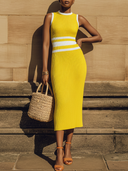 Women's French Elegant Style Casual Sleeveless Ribbed Knit Midi Dress With Striped Waist Detail ZMZ0682E0YZH