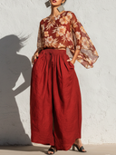 Women's French-Style Elegant Chiffon Printed Top And Cotton-Linen Wide-Leg Pants Set ZMZ0644E5ZYY