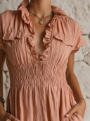 Women's French-Style Elegant V-Neck Cotton-Linen — Short Sleeve, Ruffled Trim, Slim Fit, Maxi Dress ZMZ0648E1ZYY