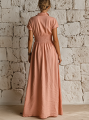 Women's French-Style Elegant V-Neck Cotton-Linen — Short Sleeve, Ruffled Trim, Slim Fit, Maxi Dress ZMZ0648E1ZYY