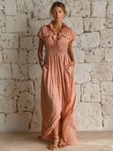 Women's French-Style Elegant V-Neck Cotton-Linen — Short Sleeve, Ruffled Trim, Slim Fit, Maxi Dress ZMZ0648E1ZYY