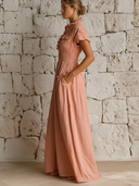 Women's French-Style Elegant V-Neck Cotton-Linen — Short Sleeve, Ruffled Trim, Slim Fit, Maxi Dress ZMZ0648E1ZYY