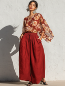Women's French-Style Elegant Chiffon Printed Top And Cotton-Linen Wide-Leg Pants Set ZMZ0644E5ZYY