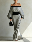 Women's Chic & Polished Streetwear Set: Long-Sleeve Off-Shoulder Top With Straps And Matching Skirt ZMZ0717E8U