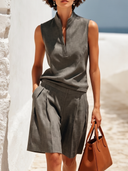 Women's Casual & Commute Outfit: Grey V-Neck Sleeveless Top And Above-the-Knee Shorts Set ZMZ0796E5U