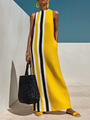 Women's Casual Vacation-Style Cotton-Linen Blend — Contrast Print, Round Neck, Sleeveless Maxi Dress ZMZ0734E5ZYY