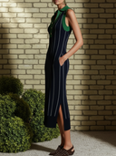Women's French Elegant Casual Style Sleeveless Ribbed Knit Polo Midi Dress With Color-Block & Stripes ZMZ0615E3YZH