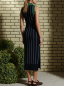 Women's French Elegant Casual Style Sleeveless Ribbed Knit Polo Midi Dress With Color-Block & Stripes ZMZ0615E3YZH